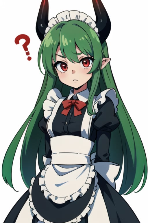 Anime, maid_costume, cute, red_eyes, green_hair,long_hair , red_horns, 1girl, kawaii, perfect anime quality, photo
