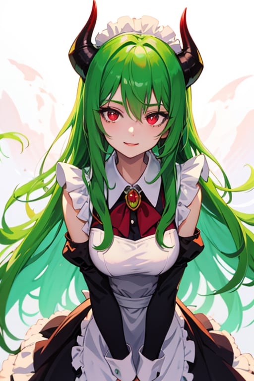 (best quality, vivid colors, anime:1.1), detailed eyes and face,red eyes, red horns, light green hair, long hair, maid costume, gentle sunlight, cheerful expression, dynamic pose, artistic lighting, 1girl, vibrant background