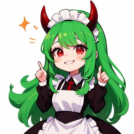 (best quality, vivid colors, anime:1.1), 1girl, chibi, red eyes,horns, red horns, light green hair, thumb up, long hair, maid costume,maid headdress, gentle sunlight, cheerful expression, emote for twitch, white background, sticker