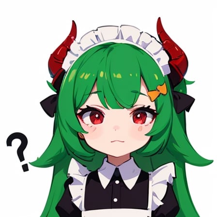 (best quality, vivid colors, anime:1.1), 1girl, chibi, red eyes,horns, red horns, light green hair, confused with a question mark, confused look, long hair, maid costume,maid headdress, gentle sunlight, cheerful expression, emote for twitch, white background, sticker