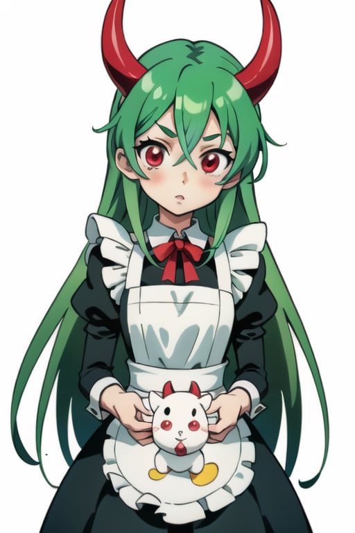 Anime, maid_costume, cute, red_eyes, green_hair,long_hair , red_horns, 1girl, kawaii, perfect anime quality, photo
,LatteArt