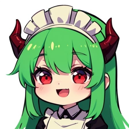 (best quality, vivid colors, anime:1.1), 1girl, chibi, red eyes,horns, red horns, light green hair, (happy:1.3), long hair, maid costume,maid headdress, gentle sunlight, cheerful expression, emote for twitch, white background, sticker