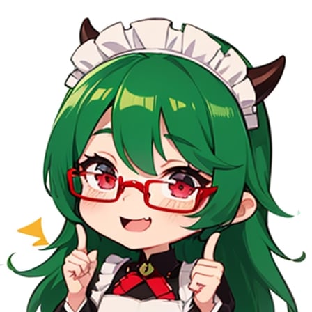 (best quality, vivid colors, anime:1.1), 1girl, chibi, red eyes,horns, red horns, light green hair, long hair, maid costume,maid headdress,nerd, nerd glasses, gentle sunlight, cheerful expression, emote for twitch, white background, sticker, finger_pointing