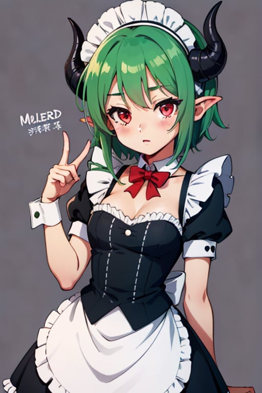 Anime, maid_costume, girl, cute, chibi, red_eyes, red_horns, green_hair, simple_background