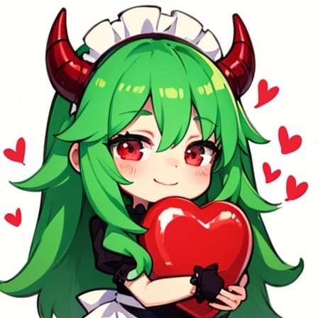(best quality, vivid colors, anime:1.1), 1girl, chibi, red eyes, red horns, light green hair, holding red heart balloon, hugging heart balloon, , long hair, maid costume, gentle sunlight, cheerful expression, hugging 
stuffed heart, emote for twitch