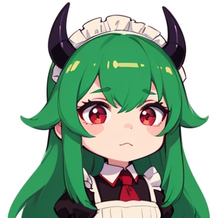 (best quality, vivid colors, anime:1.1), 1girl, chibi, red eyes,horns, red horns, light green hair, confused with a question mark, confused look, long hair, maid costume,maid headdress, gentle sunlight, cheerful expression, emote for twitch, white background, sticker