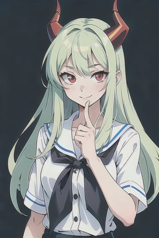 (best quality, vivid colors, anime:1.1), 1girl, red eyes, horns, red horns, light green hair, long hair, gentle sunlight, cheerful expression, face focus, looking at viewer, brightful colors, school uniform, white background