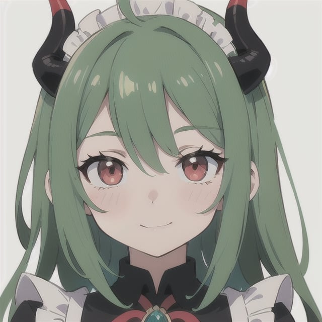 (best quality, vivid colors, anime:1.1), 1girl, red eyes, horns, red horns, light green hair, long hair, maid costume, maid headdress, gentle sunlight, cheerful expression, white background, face only, face focus, staring at viewer,profile picture, brightful colors, pov_eye_contact , in front of camera