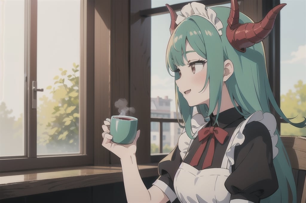 (best quality, vivid colors, anime:1.1), 1girl, red eyes, horns, red horns, light green hair, long hair, maid costume, maid headdress, gentle sunlight, cheerful expression, face focus, profile picture, brightful colors, sitting at a cafeteria, holding a coffee