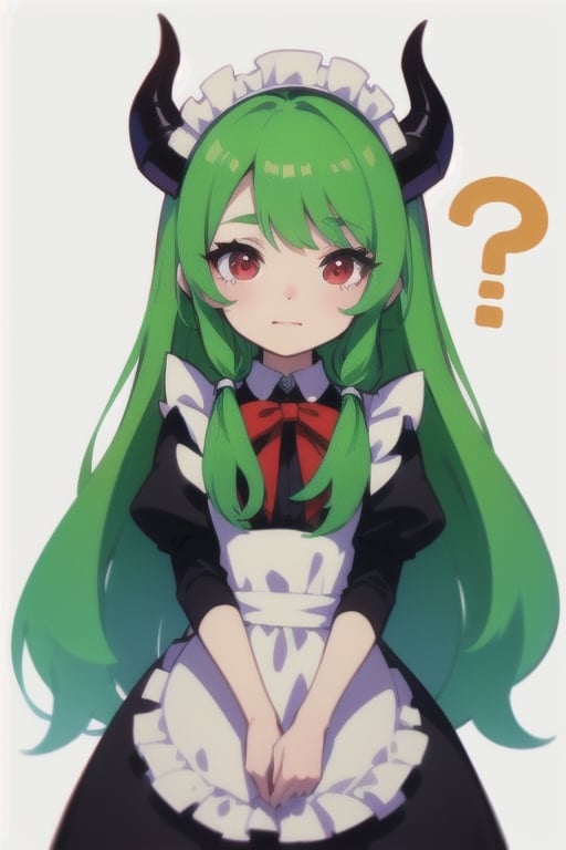  (best quality, vivid colors, anime:1.1), 1girl, chibi, red eyes,horns, red horns, light green hair, confused with a question mark, confused look, long hair, maid costume,maid headdress, gentle sunlight, cheerful expression, emote for twitch, white background, sticker, twitch emoji