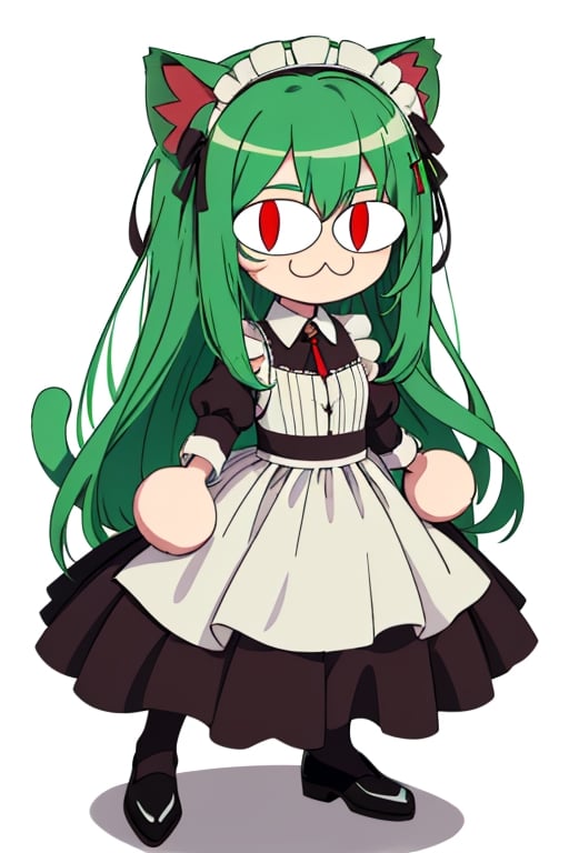 (best quality,  vivid colors,  anime:1.1),  1girl,  chibi,  red eyes, horns,  red horns,  light green hair,  long hair,  maid costume, maid headdress, gentle sunlight,  cheerful expression, white background, full body, :3, cat ears, chibi, cat girl, cat tail, solo, slit pupils