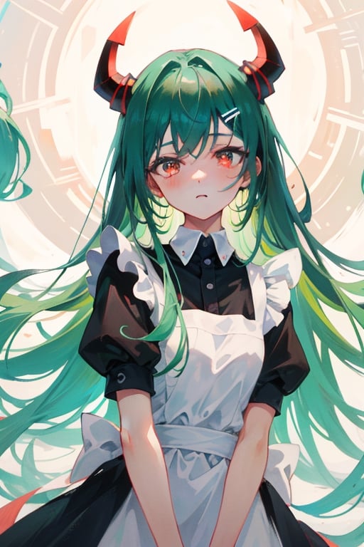 Anime, (masterpiece), best quality, high resolution, highly detailed, detailed background, perfect lighting, maid_costume, cute, red_eyes, green_hair, long_hair , red_horns, 1girl, kawaii, perfect anime quality, photo