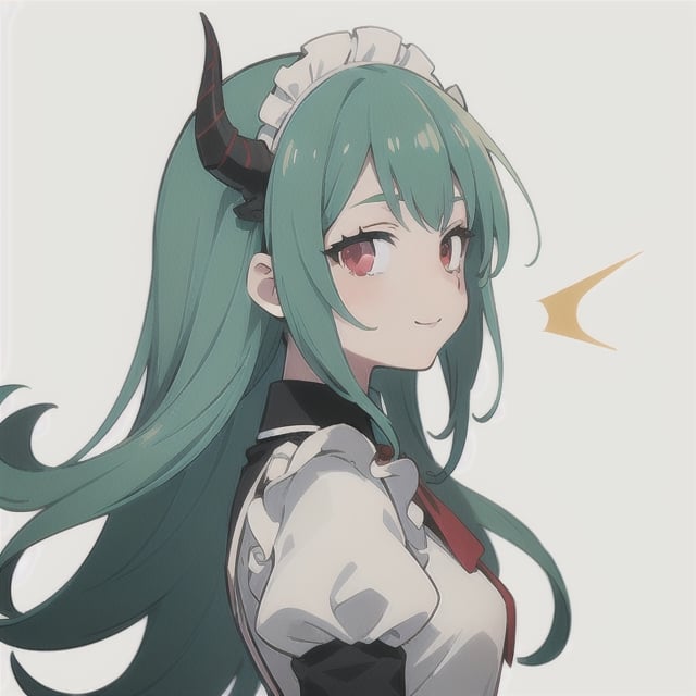 (best quality, vivid colors, anime:1.1), 1girl, red eyes, horns, red horns, light green hair, long hair, maid costume, maid headdress, gentle sunlight, cheerful expression, white background, face only, face focus, staring at viewer,profile picture