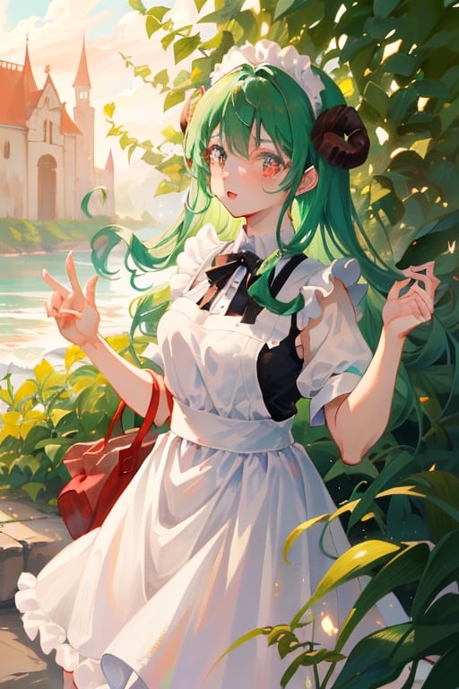 Anime, (masterpiece), best quality, high resolution, highly detailed, detailed background, perfect lighting, maid_costume, cute, red_eyes, green_hair, long_hair , red_horns, 1girl, kawaii, perfect anime quality, photo, outdoors, beautiful scenery