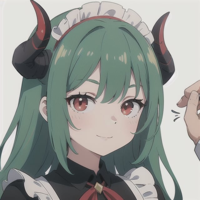 (best quality, vivid colors, anime:1.1), 1girl, red eyes, horns, red horns, light green hair, long hair, maid costume, maid headdress, gentle sunlight, cheerful expression, white background, face only, face focus, staring at viewer,profile picture, brightful colors, pov_eye_contact , in front of camera