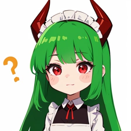 (best quality, vivid colors, anime:1.1), 1girl, chibi, red eyes,horns, red horns, light green hair, confused with a question mark, confused look, long hair, maid costume,maid headdress, gentle sunlight, cheerful expression, emote for twitch, white background, sticker