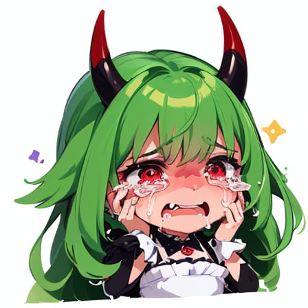 (best quality, vivid colors, anime:1.1), 1girl, chibi, red eyes, red horns, light green hair, (crying:1.3), long hair, maid costume, gentle sunlight, cheerful expression, emote for twitch, white background, sticker