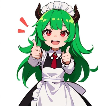 (best quality, vivid colors, anime:1.1), 1girl, chibi, red eyes,horns, red horns, light green hair, thumb up, long hair, maid costume,maid headdress, gentle sunlight, cheerful expression, emote for twitch, white background, sticker