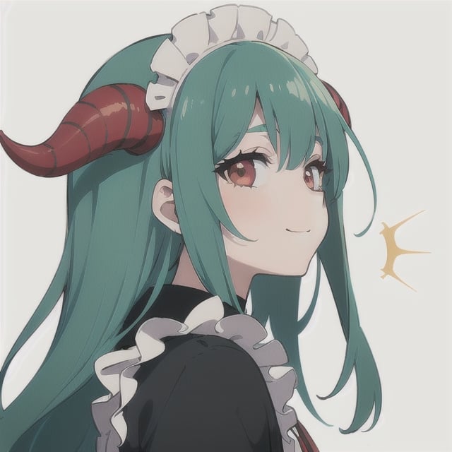 (best quality, vivid colors, anime:1.1), 1girl, red eyes, horns, red horns, light green hair, long hair, maid costume, maid headdress, gentle sunlight, cheerful expression, white background, face only, face focus, staring at viewer,profile picture, brightful colors, pov_eye_contact 