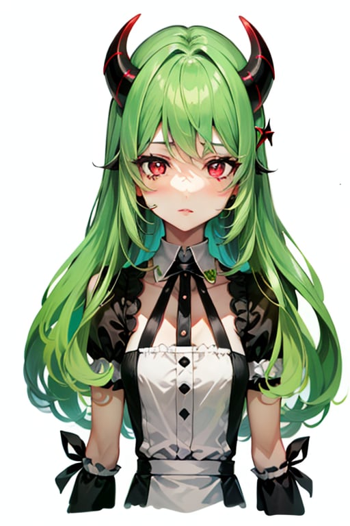 Anime, maid_costume, girl, cute, chibi, red_eyes, green_hair,long_hair , simple_background, chibi inset, red_horns, two_horns
