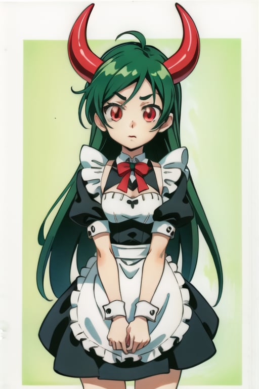 Anime, maid_costume, cute, red_eyes, green_hair,long_hair , red_horns, 1girl, kawaii,LatteArt