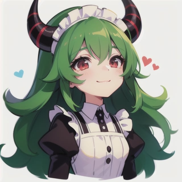  (best quality, vivid colors, anime:1.1), 1girl, chibi, red eyes,horns, red horns, light green hair, long hair, maid costume,maid headdress, gentle sunlight, cheerful expression, profile pic, white background, sticker, twitch emoji