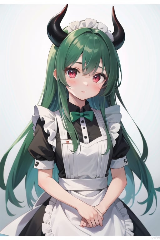 Anime, (masterpiece), best quality, high resolution, highly detailed, detailed background, perfect lighting, maid_costume, cute, red_eyes, green_hair, long_hair , red_horns, 1girl, kawaii, perfect anime quality, photo