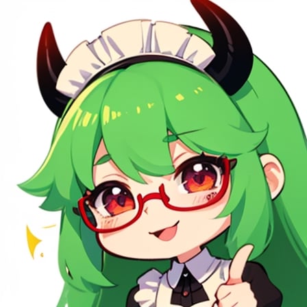 (best quality, vivid colors, anime:1.1), 1girl, chibi, red eyes,horns, red horns, light green hair, long hair, maid costume,maid headdress,nerd, nerd glasses, gentle sunlight, cheerful expression, emote for twitch, white background, sticker, finger_pointing