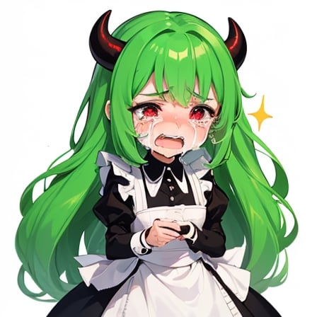 (best quality, vivid colors, anime:1.1), 1girl, chibi, red eyes, red horns, light green hair, (crying:1.3), long hair, maid costume, gentle sunlight, cheerful expression, emote for twitch, white background, sticker