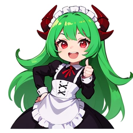 (best quality, vivid colors, anime:1.1), 1girl, chibi, red eyes,horns, red horns, light green hair, thumb up, long hair, maid costume,maid headdress, gentle sunlight, cheerful expression, emote for twitch, white background, sticker