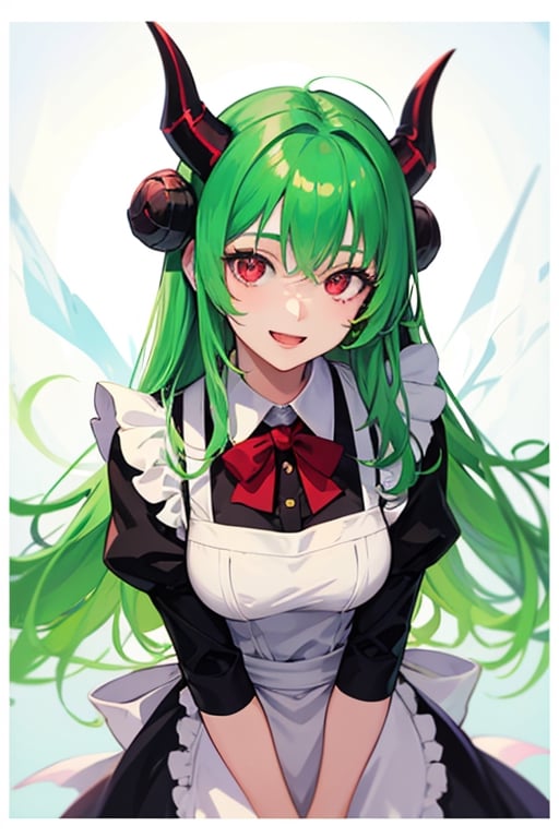 (best quality, vivid colors, anime:1.1), detailed eyes and face,red eyes, red horns, light green hair, long hair, maid costume, gentle sunlight, cheerful expression, dynamic pose, artistic lighting, 1girl, vibrant background