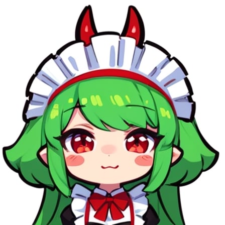 (best quality, vivid colors, anime:1.1), 1girl, chibi, red eyes,horns, red horns, light green hair, confused with a big question mark, long hair, maid costume,maid headdress, gentle sunlight, cheerful expression, emote for twitch, white background, sticker