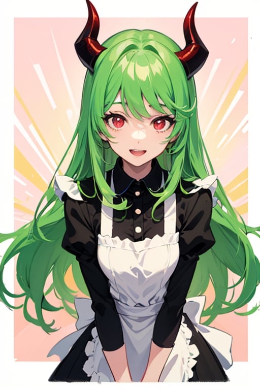 (best quality, vivid colors, anime:1.1), detailed eyes and face,red eyes, red horns, light green hair, long hair, maid costume, vibrant background, gentle sunlight, cheerful expression, dynamic pose, artistic lighting, 1girl, astronomical background