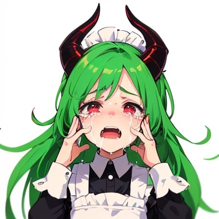 (best quality, vivid colors, anime:1.1), 1girl, chibi, red eyes, horns, red horns, light green hair, (crying:1.3), long hair, maid costume, gentle sunlight, cheerful expression, emote for twitch, white background, sticker