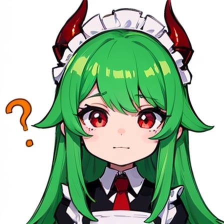 (best quality, vivid colors, anime:1.1), 1girl, chibi, red eyes,horns, red horns, light green hair, confused with a question mark, confused look, long hair, maid costume,maid headdress, gentle sunlight, cheerful expression, emote for twitch, white background, sticker