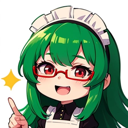 (best quality, vivid colors, anime:1.1), 1girl, chibi, red eyes,horns, red horns, light green hair, long hair, maid costume,maid headdress,nerd, nerd glasses, gentle sunlight, cheerful expression, emote for twitch, white background, sticker, finger_pointing