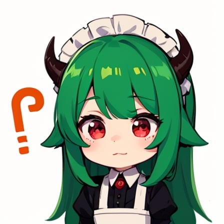 (best quality, vivid colors, anime:1.1), 1girl, chibi, red eyes,horns, red horns, light green hair, confused with a question mark, confused look, long hair, maid costume,maid headdress, gentle sunlight, cheerful expression, emote for twitch, white background, sticker