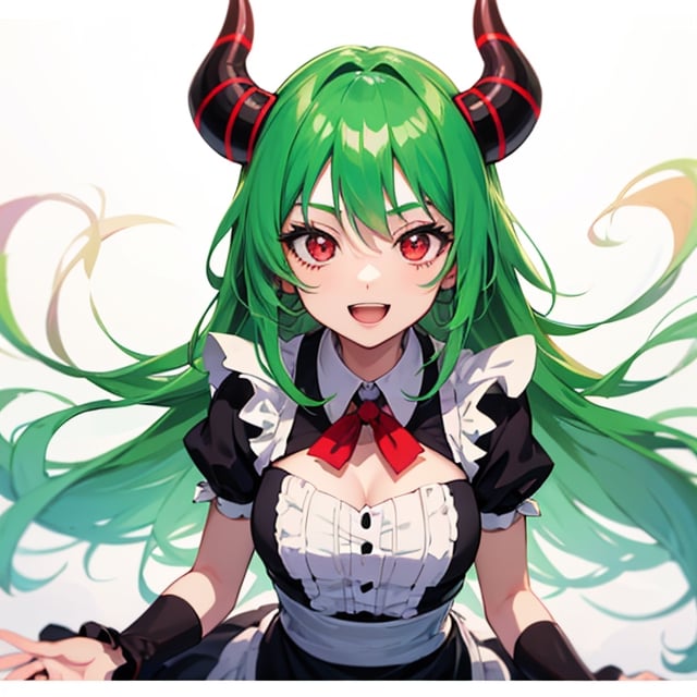 (best quality, vivid colors, anime:1.1), detailed eyes and face,red eyes, red horns, light green hair, long hair, maid costume, gentle sunlight, cheerful expression, dynamic pose, artistic lighting, 1girl, vibrant background