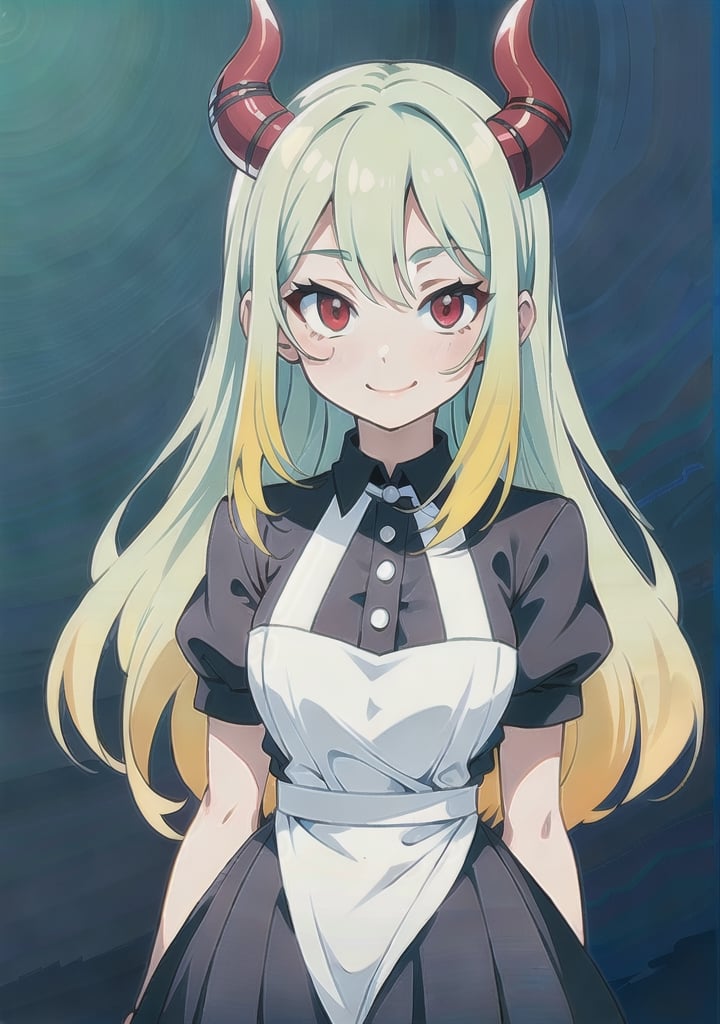 (best quality, vivid colors, anime:1.1), 1girl, red eyes,maid_costume , horns, red horns, light green hair, long hair, gentle sunlight, cheerful expression, face focus, looking at viewer, brightful colors, full body, character sheet