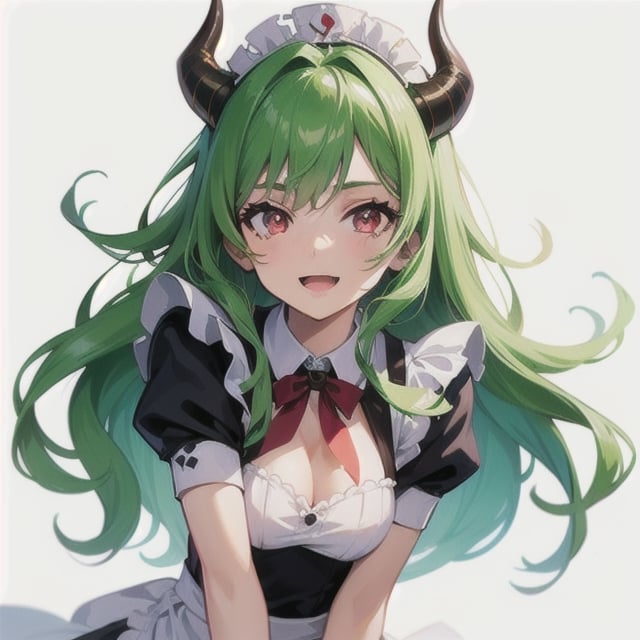 (best quality, vivid colors, anime:1.1), 1girl, red eyes, horns, red horns, light green hair, long hair, maid costume, maid headdress, gentle sunlight, cheerful expression, white background, face only, face focus, staring at viewer