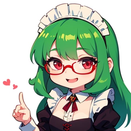 (best quality, vivid colors, anime:1.1), 1girl, chibi, red eyes,horns, red horns, light green hair, long hair, maid costume,maid headdress,nerd, nerd glasses, gentle sunlight, cheerful expression, emote for twitch, white background, sticker, finger_pointing