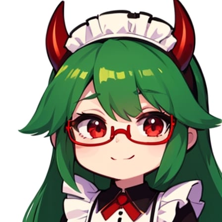 (best quality, vivid colors, anime:1.1), 1girl, chibi, red eyes,horns, red horns, light green hair, long hair, maid costume,maid headdress,nerd, nerd glasses, gentle sunlight, cheerful expression, emote for twitch, white background, sticker