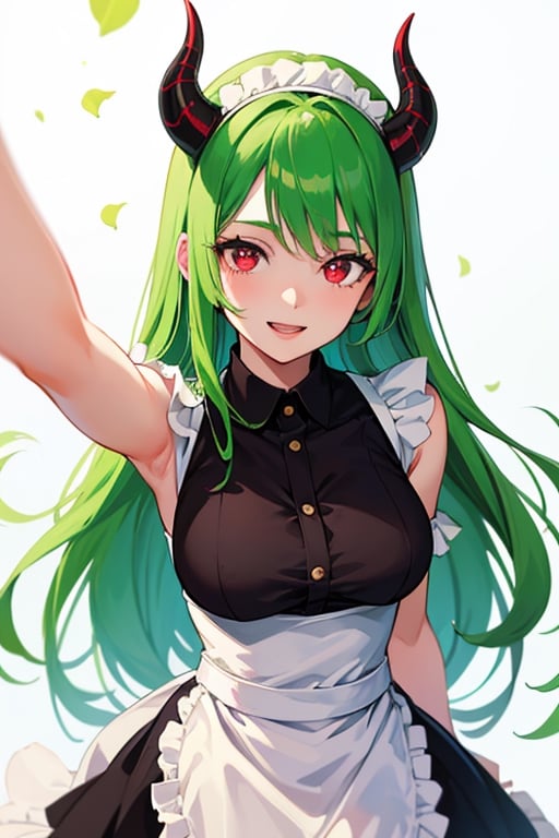 (best quality, vivid colors, anime:1.1), detailed eyes and face,red eyes, red horns, light green hair, long hair, maid costume, gentle sunlight, cheerful expression, dynamic pose, artistic lighting, 1girl, vibrant background