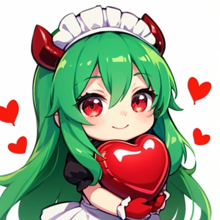 (best quality, vivid colors, anime:1.1), 1girl, chibi, red eyes, red horns, light green hair, holding red heart balloon, hugging heart balloon, , long hair, maid costume, gentle sunlight, cheerful expression, hugging 
stuffed heart, emote for twitch