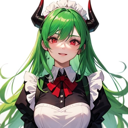 (best quality, vivid colors, anime:1.1), 1girl, red eyes ,horns, red horns, light green hair, long hair, maid costume,maid headdress, gentle sunlight, cheerful expression, white background, five nights at Freddy's