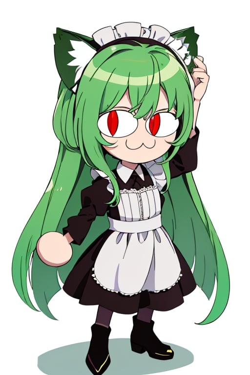 (best quality,  vivid colors,  anime:1.1),  1girl,  chibi,  red eyes, horns,  red horns,  light green hair,  long hair,  maid costume, maid headdress, gentle sunlight,  cheerful expression, white background, full body, :3, cat ears, chibi, cat girl, cat tail, solo, slit pupils