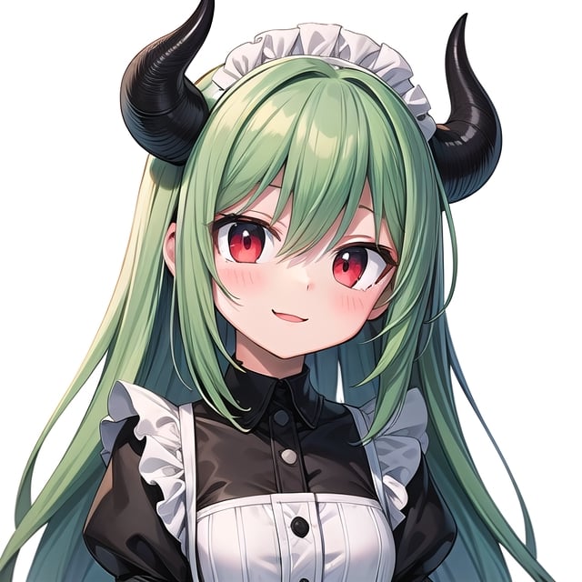 (best quality, vivid colors, anime:1.1), 1girl, red eyes, horns, red horns, light green hair, long hair, maid costume, maid headdress, gentle sunlight, cheerful expression, white background, face only, face focus, staring at viewer, 