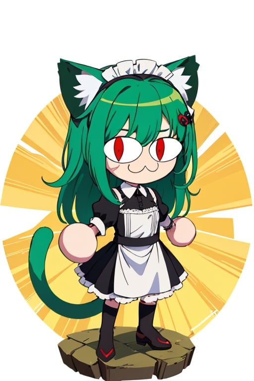 (best quality,  vivid colors,  anime:1.1),  1girl,  chibi,  red eyes, horns,  red horns,  light green hair,  long hair,  maid costume, maid headdress, gentle sunlight,  cheerful expression, white background, full body, :3, cat ears, chibi, cat girl, cat tail, solo, slit pupils