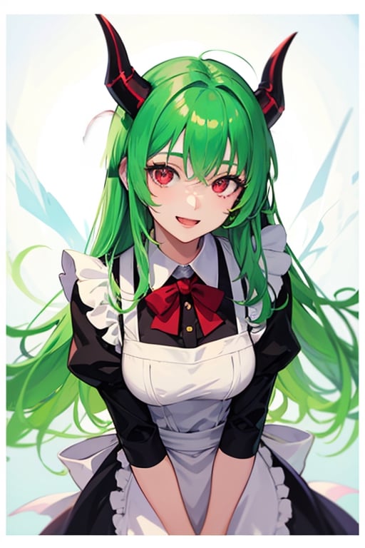 (best quality, vivid colors, anime:1.1), detailed eyes and face,red eyes, red horns, light green hair, long hair, maid costume, gentle sunlight, cheerful expression, dynamic pose, artistic lighting, 1girl, vibrant background