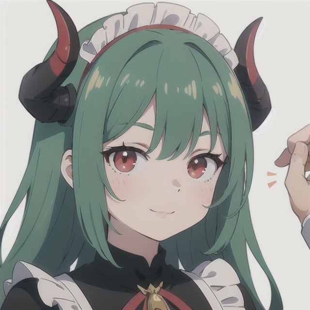 (best quality, vivid colors, anime:1.1), 1girl, red eyes, horns, red horns, light green hair, long hair, maid costume, maid headdress, gentle sunlight, cheerful expression, white background, face only, face focus, staring at viewer,profile picture, brightful colors, pov_eye_contact , in front of camera